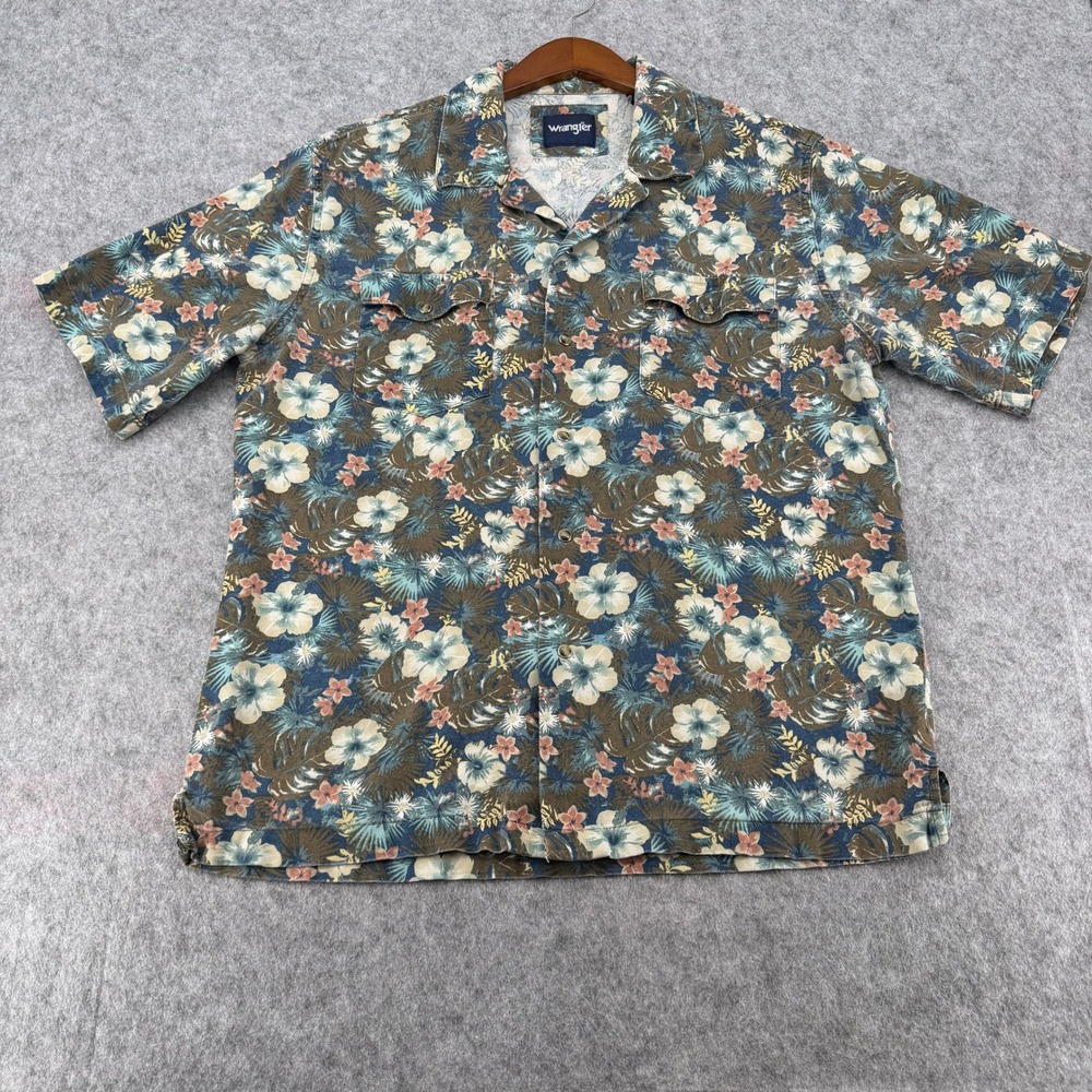 Wrangler Mens Blue Tropical Hibiscus Floral Short Sleeve Snap Pocket Shirt L